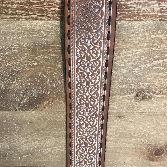 VINTAGE Brown with silver foil wide belt brass buckle - Picture 6 of 7